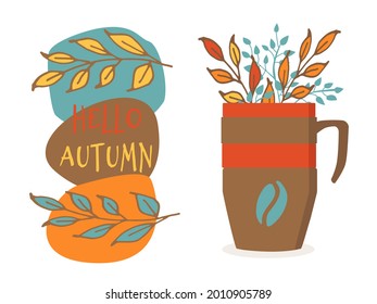 Thermal cup of coffee isolated on white background, hello autumn banner. Design for advertising, menus, coffee houses. Vector illustration cartoon , seasonal concept.