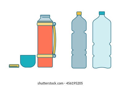 Thermal flask and plastic bottles. Vector illustration. Isolated on a white background.