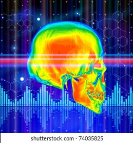 Thermal image of the human skull, blue technology background, lights, chemical formulas & digital wave