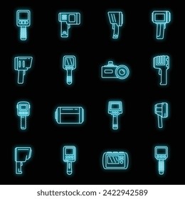Iconos de dispositivo de imagen térmica ajustados. Conjunto de esquemas de iconos vectoriales del dispositivo de imágenes térmicas color de neón en negro