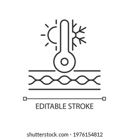 Thermal insulated fabric feature linear icon. Fiber property for extreme conditions. Thin line customizable illustration. Contour symbol. Vector isolated outline drawing. Editable stroke