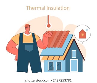 Thermal Insulation concept. Technician installs roof insulation, enhancing home energy efficiency for climate control. Flat vector illustration