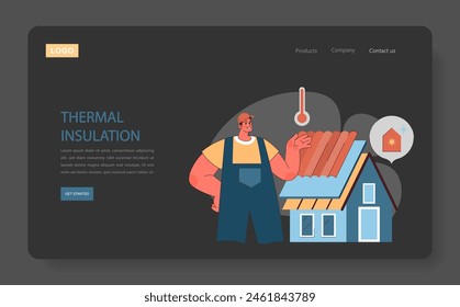 Concepto de aislamiento térmico. El técnico instala el aislamiento del techo, mejorando la eficiencia energética del hogar para el control del clima. Ilustración vectorial plana