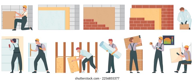 Wärmedämmung flacher Satz von isolierten menschlichen Charaktere von Arbeiter mit Wandplatten Ziegelsteine und Tapete, Vektorgrafik