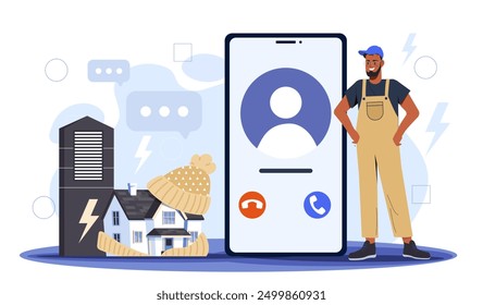 Wärmedämmung des Hauses. Mann in Uniform in der Nähe von Smartphone und zu Hause in Hut und Schal. Wärmen Sie die Räume und steigern Sie die Energieeffizienz. Flache Vektorgrafik einzeln auf weißem Hintergrund