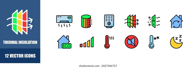 Wärmedämmung Icon Set. Flacher Stil. Vektorsymbole