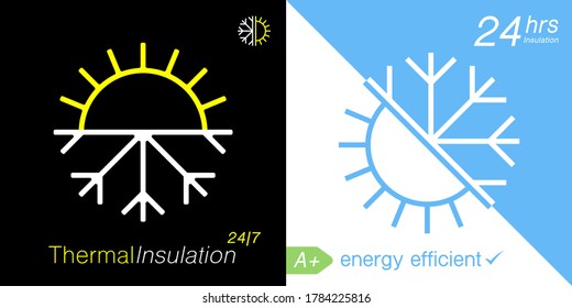 Thermal insulation icon. Temperature protection symbol. Sun snowflake sign. Weather insulate emblem. Vector illustration.