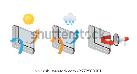 Thermal insulation noise protection recirculation of plastic window infographic set realistic vector illustration. PVC profile cross section glass technology scheme with arrows industrial construction