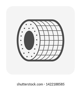 Thermal insulation for pipe, pipeline, tube or hose icon. Made from fiberglass, polyethylene or polyurethane foam. For reduction or resistance of heat, cooling, noise, moisture, vapor and conductivity