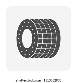 Thermal insulation for pipe, pipeline, tube or hose icon. Made from fiberglass, polyethylene or polyurethane foam. For reduction or resistance of heat, cooling, noise, moisture, vapor and conductivity