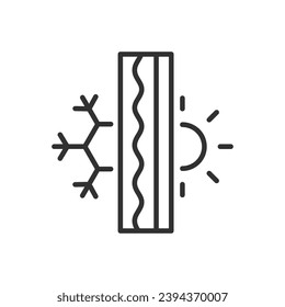 Thermal insulation of the wall, linear icon, cold and heat. Effect of frost and effect of sun. Line with editable stroke