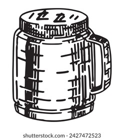 Thermal mug sketch. Clipart of travel cup, camping tableware, hiking tools. Hand drawn vector illustration isolated on white.