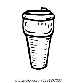 Thermal mug sketch. Cup hot drink tea or coffee. Hand drawn illustration.
