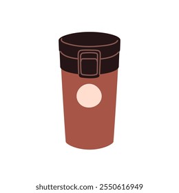 Taza térmica, vaso de viaje con tapa. Taza térmica de vacío aislada para bebida caliente, bebida de té. Bebidas para llevar cerradas con tapa. Ilustración vectorial gráfica plana aislada sobre fondo blanco