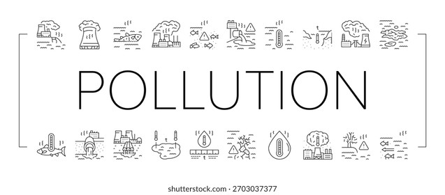 poluição térmica ícones do ecossistema definir vetor. temperatura, descarga aquática, biodiversidade do habitat, industrial, plantas de energia poluição térmica ecossistema de contorno preto ilustrações