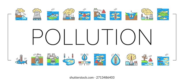 poluição térmica ícones do ecossistema definir vetor. temperatura, descarga aquática, biodiversidade do habitat, industrial, plantas de energia poluição térmica ecossistema linha de cores ilustrações
