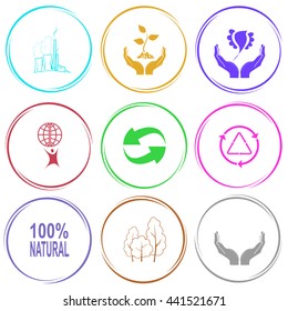 Wärmekrafttechnik, Kraftwerk in Händen, Vogel in den Händen, kleiner Mann mit Globus, Recycling-Symbol, 100% Natur, Bäume, menschliche Hände. Ökologie-Set. Internetknopf. Vektorsymbole.