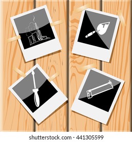 thermal power engineering, trowel, hacksaw, screwdriver. Industrial tools set. Photo frames on wooden desk. Vector icons.