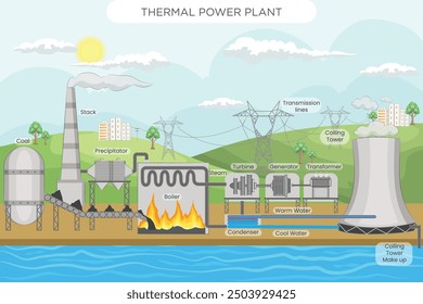 A thermal power plant converts heat energy, usually from coal, natural gas, or oil, into electrical energy, using steam turbines to generate electricity.