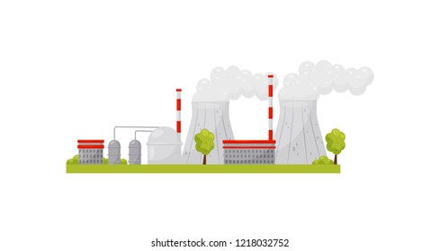 Thermal power plant with industrial buildings and smoking pipes. Electricity production. Alternative energy. Flat vector design