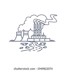 Thermal power plant line icon. Thermoelectric power station with smoke from chimneys and traces of soil and water pollution. Vector linear illustration on white background..