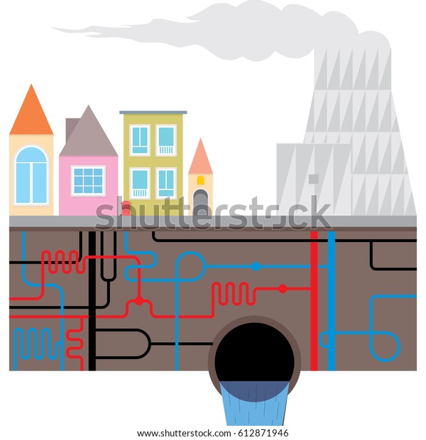 火力発電所と都市暖房システム 地下水道管 パイプライン都市のインフラを持つ住宅 ベクターイラスト のベクター画像素材 ロイヤリティフリー