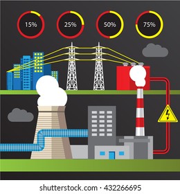 Thermal power station. Colorful illustration in a flat style. City infographics set. All types of power stations. System with transmission tower and generator and Cooling tower