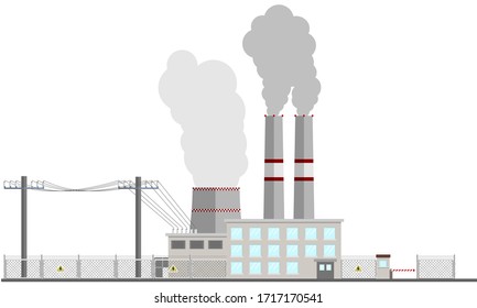 Thermal power station. Flat style vector illustration. System with power lines, smokestack, generator and ooling tower