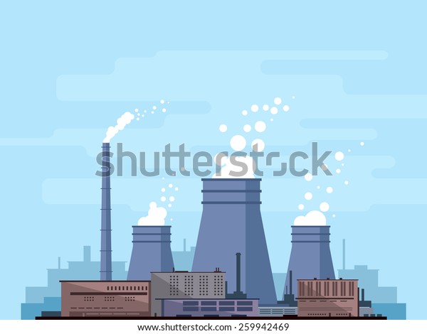 Thermal power station, industrial factory,\
manufacturing plant with smoke from chimney, environmental\
pollution, flat style,\
isolated