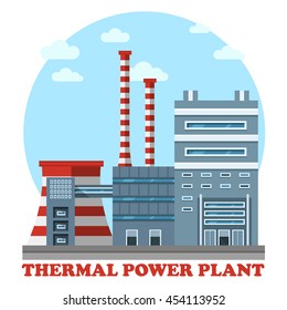 Thermal power station. Industrial power plant for heating energy to convert it to electricity using coal. Side view of cooling tower and chimney that polluting air with smoke or smog