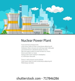 Thermal Power Station on the Background of the City and Text, Electric Transmission from a Nuclear Power Plant, Poster Brochure Flyer Design, Vector Illustration 