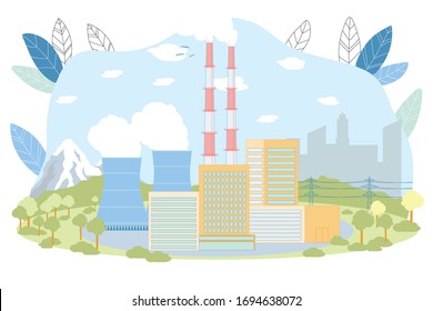 Thermal Power Station Vector Illustration. Heat Energy to Electricity Production. Landscape with Cooling Tower, Smoke Pipe Industrial Construction Building. Environmental Pollution