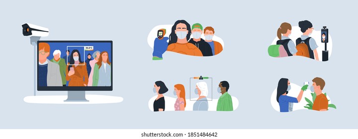 Thermal Scanner Bundle Concept. Different Types Of Digital Temperature Monitoring By Camera, Screen, Thermometer. Degrees Control By Infrared Sensor At School, Airport, Metro, Station. People In Line.