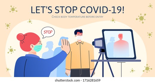 Thermal scanner detects an incoming passenger with fever and staff worker forbids him from entry, concept of COVID-19 prevention
