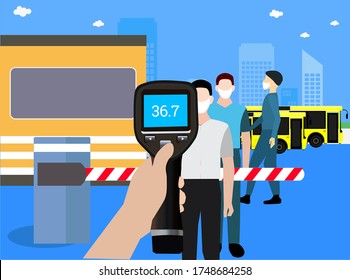 Thermal scanning by non contact thermometer or contact less thermometer or touch less thermometer or thermo check checking peoples body temperature