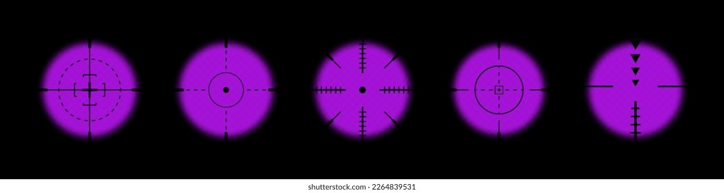 Lugares termales. Escenario de visión nocturna para varias armas. Ámbitos militares de rifles de francotirador óptico. Buscador de caza con símbolo de objetivo o de objetivo. Elementos de la vista de videojuegos. Ilustración vectorial.