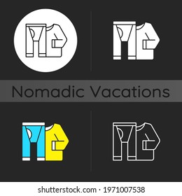 Thermal underwear dark theme icon. Sportswear and thermo clothing. Leggins and shirt for tourist. Nomadic lifestyle. Linear white, simple glyph and RGB color styles. Isolated vector illustrations