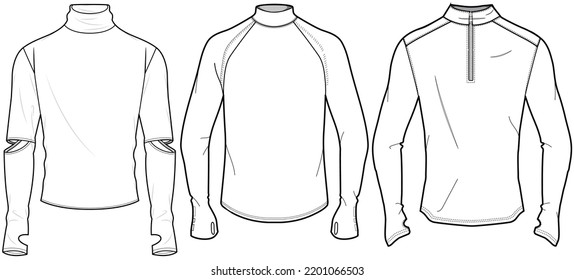 Thermal Underwear, High Neck Long Sleeve Base Layer Activewear Top Sets Fashion Illustration, Vector, CAD, Technical Drawing, Flat Drawing, Template, Mockup.