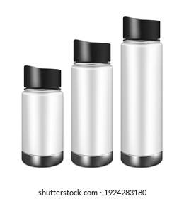 Thermal water bottle. Thermos flask. Travel thermo mug. Small, medium, large. Vector mock-up set.