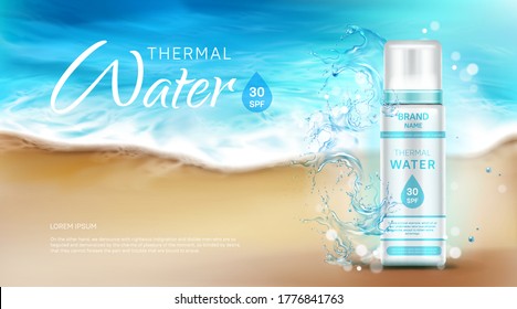 Thermal water cosmetic bottle with sunscreen protection ad banner, skin care lotion tube with spf uv block stand on sand at coastline with foamy sea waves background, Realistic 3d vector promo poster