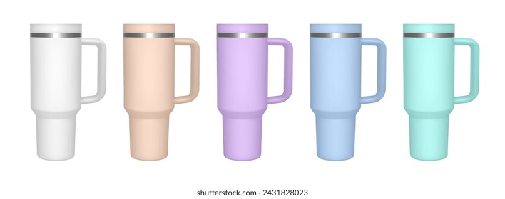 Thermo cup with handle. 3d mockup of a travel thermos. Set of white, beige, violet, green and blue mugs. Tumbler template	