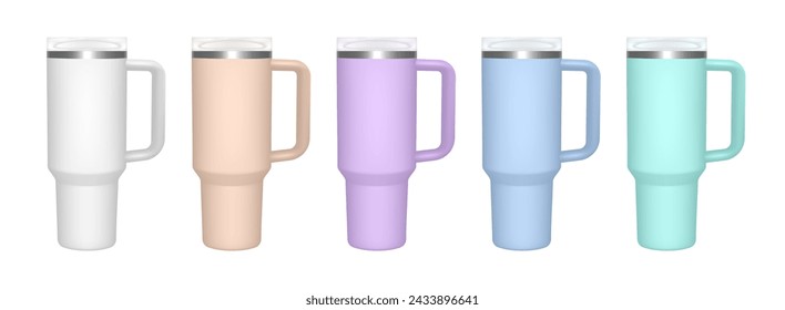 Thermo cup with handle. 3d mockup of a travel thermos. Set of white, beige, violet, green and blue mugs. Tumbler template. Transparent lid