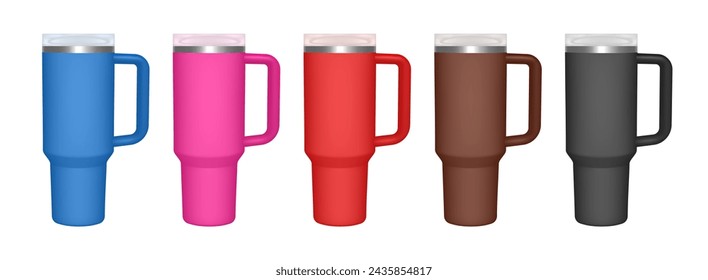 Thermo cup with handle. 3d mockup of a travel thermos. Set of blue, pink, red, brown and black mugs. Tumbler template. Transparent lid