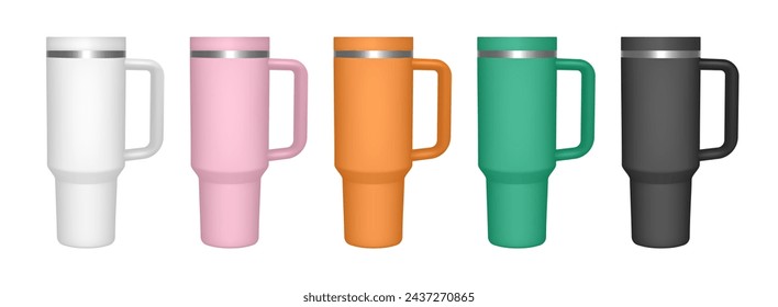 Thermo cup with handle. 3d mockup of a travel thermos. Set of white, pink, orange, green and black mugs. Tumbler template. Transparent lid		