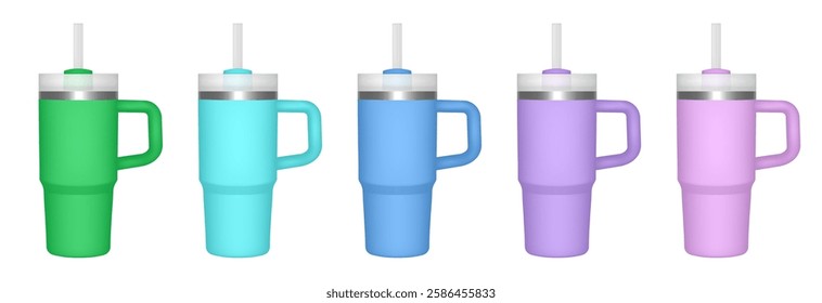 Thermo cup with handle and straw. 14 oz. 3d mockup of a travel thermos. Set of green, blue, purple and pink mugs. Tumbler template. White lid.