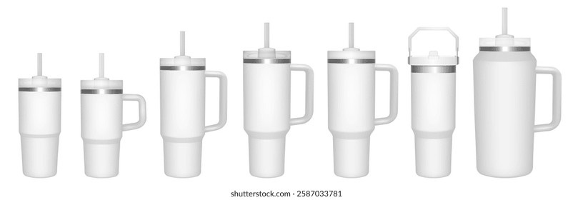 Thermo cup with handle and straw. 14, 30, 40, 64 oz. Travel thermos. Set of white mugs. Tumbler or quencher