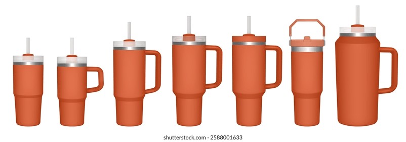 Thermo cup with handle and straw. 14, 30, 40, 64 oz. Travel thermos. Set of orange mugs. Tumbler or quencher