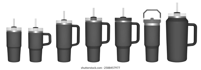 Thermo cup with handle and straw. 14, 30, 40, 64 oz. Travel thermos. Set of black mugs. Tumbler or quencher