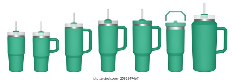 Thermo cup with handle and straw. 14, 30, 40, 64 oz. Travel thermos. Set of green mugs. Tumbler or quencher