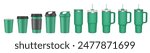 Thermo cup with handle and straw. 20, 30, 40 oz. Travel thermos. Set of green mugs. Tumbler. Sport shaker,. Paper cup with plastic lid and cupholder